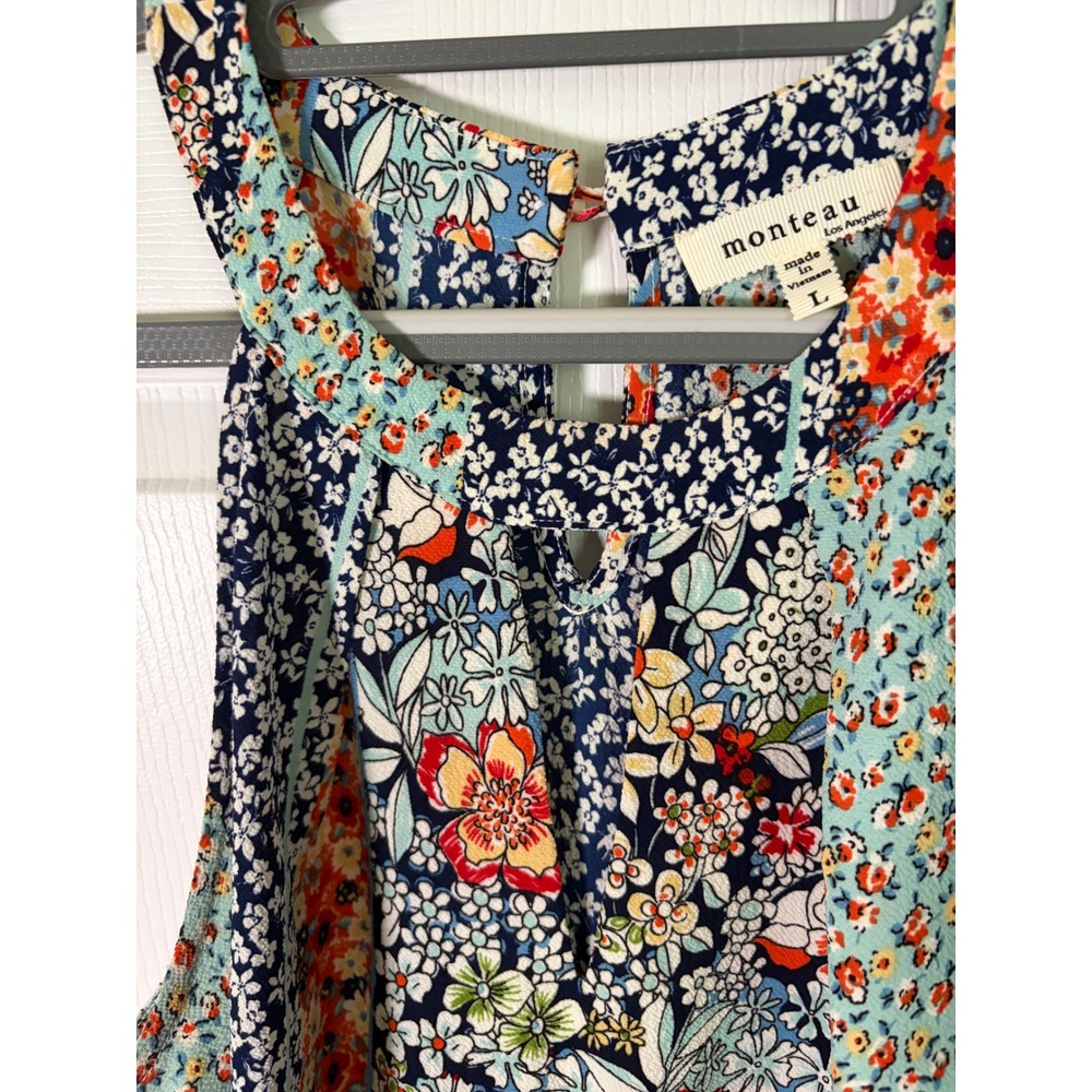 Monteau Los Angeles Mixed Floral Patchwork Halter Top Navy Red Orange Large